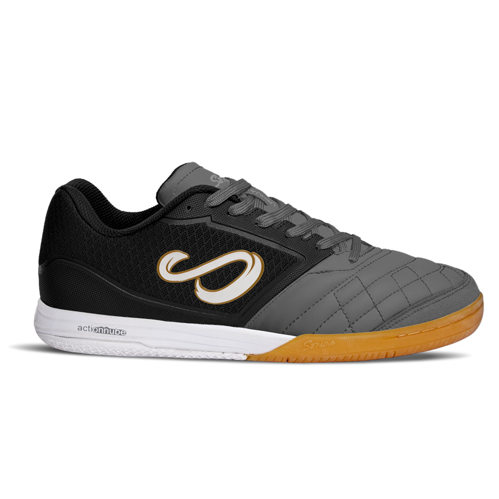 Left side view of Dark Grey Ushuaia Club 2.0 Futsal Shoes by Senda – Breathable mesh upper, Actionnube cushioning, and gum rubber sole engineered for indoor traction, flexibility, and long-lasting performance.


