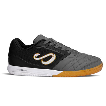 Left side view of Dark Grey Ushuaia Club 2.0 Futsal Shoes by Senda – Breathable mesh upper, Actionnube cushioning, and gum rubber sole engineered for indoor traction, flexibility, and long-lasting performance.

