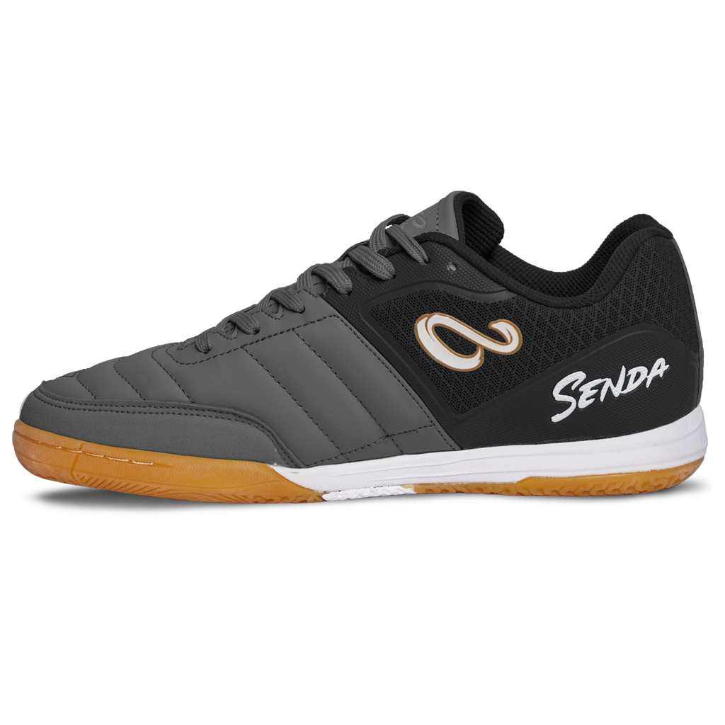 Right side view of Dark Grey Ushuaia Club 2.0 Futsal Shoes by Senda – Indoor futsal shoes with cushioned collar, stitched synthetic panels, and mesh back for breathability, support, and control.

