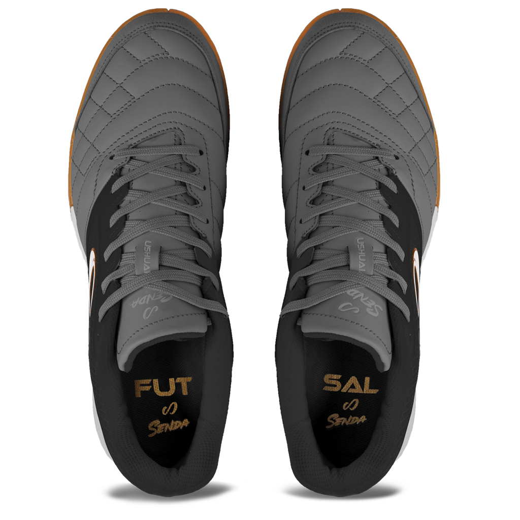 Top view of Dark Grey Ushuaia Club 2.0 Futsal Shoes by Senda – Quilted toe design with laces and “FUTSAL” printed insoles for a snug fit and game-ready performance.


