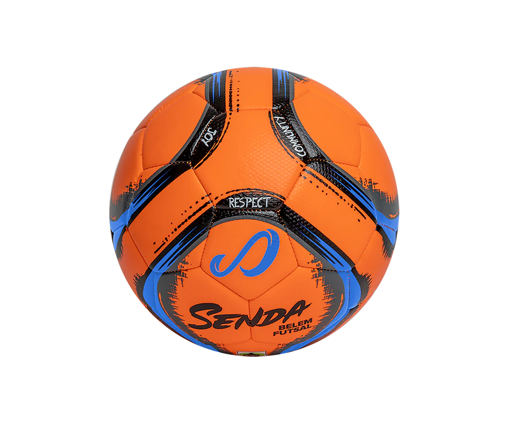 Angled view of Orange Belem Training Futsal Ball by Senda – Indoor futsal ball with machine-stitched construction, textured panels, and striking blue-black detailing designed for hard court precision.

