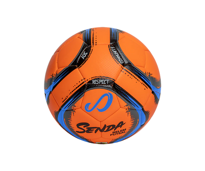 Angled view of Orange Belem Training Futsal Ball by Senda – Indoor futsal ball with machine-stitched construction, textured panels, and striking blue-black detailing designed for hard court precision.

