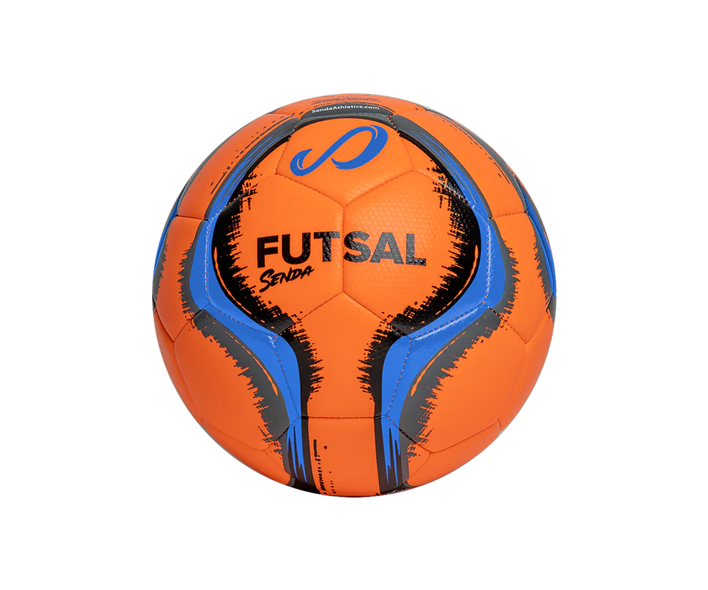Back view of Orange Belem Training Futsal Ball by Senda – Indoor futsal ball with bold “FUTSAL” print, textured synthetic panels, and vibrant blue-black accents for superior visibility and control.

