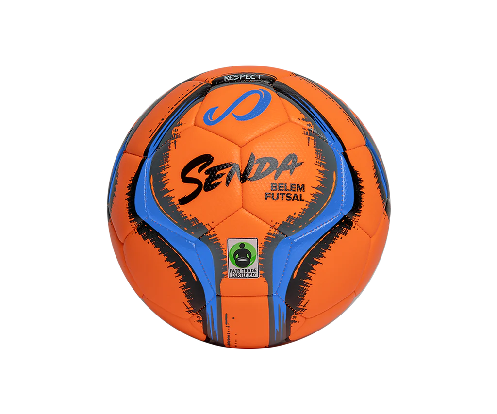 Orange Belem Training Futsal Ball by Senda – Fair Trade Certified indoor futsal ball featuring soft-touch textured surface, low-bounce control, and bold blue detailing for enhanced visibility.

