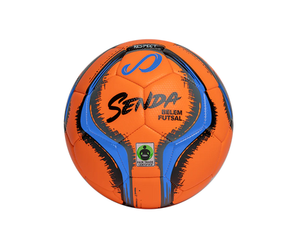 Orange Belem Training Futsal Ball by Senda – Fair Trade Certified indoor futsal ball featuring soft-touch textured surface, low-bounce control, and bold blue detailing for enhanced visibility.

