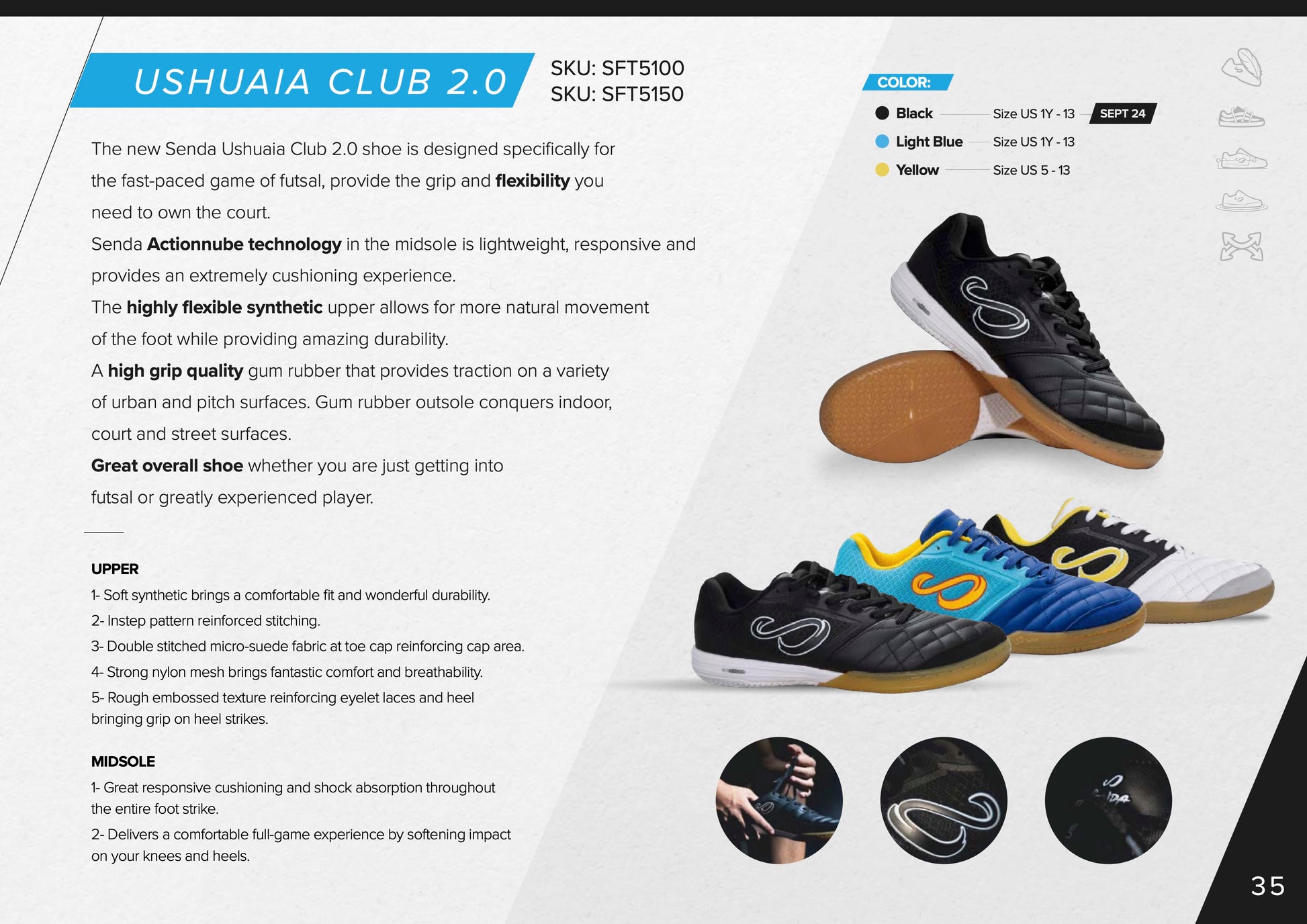 Product info card for Senda Ushuaia Club 2.0 Futsal Shoes – Showcasing key features like Actionnube cushioning, high-flex synthetic upper, and grippy gum rubber outsole for agility, comfort, and durability on indoor courts.

