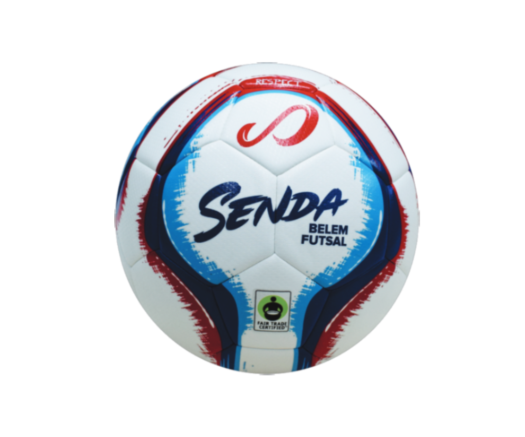 White Belem Training Futsal Ball by Senda – Fair Trade Certified futsal ball with red and blue detailing, designed for indoor play with a soft-touch, low-bounce surface and machine-stitched durability.

