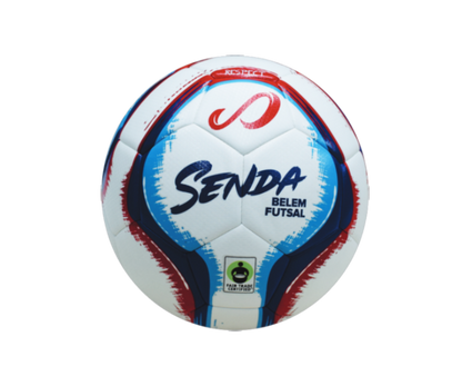 White Belem Training Futsal Ball by Senda – Fair Trade Certified futsal ball with red and blue detailing, designed for indoor play with a soft-touch, low-bounce surface and machine-stitched durability.

