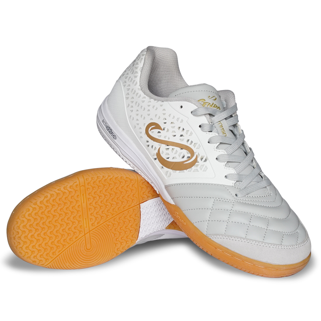 White Gold Ushuaia Pro 2.0 indoor futsal shoes by Senda – front angle showcasing quilted toe box, breathable perforated upper, and gum sole for traction.

