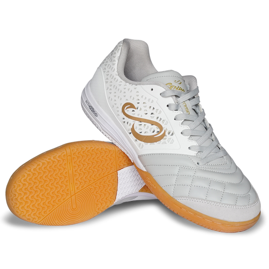 White Gold Ushuaia Pro 2.0 indoor futsal shoes by Senda – front angle showcasing quilted toe box, breathable perforated upper, and gum sole for traction.


