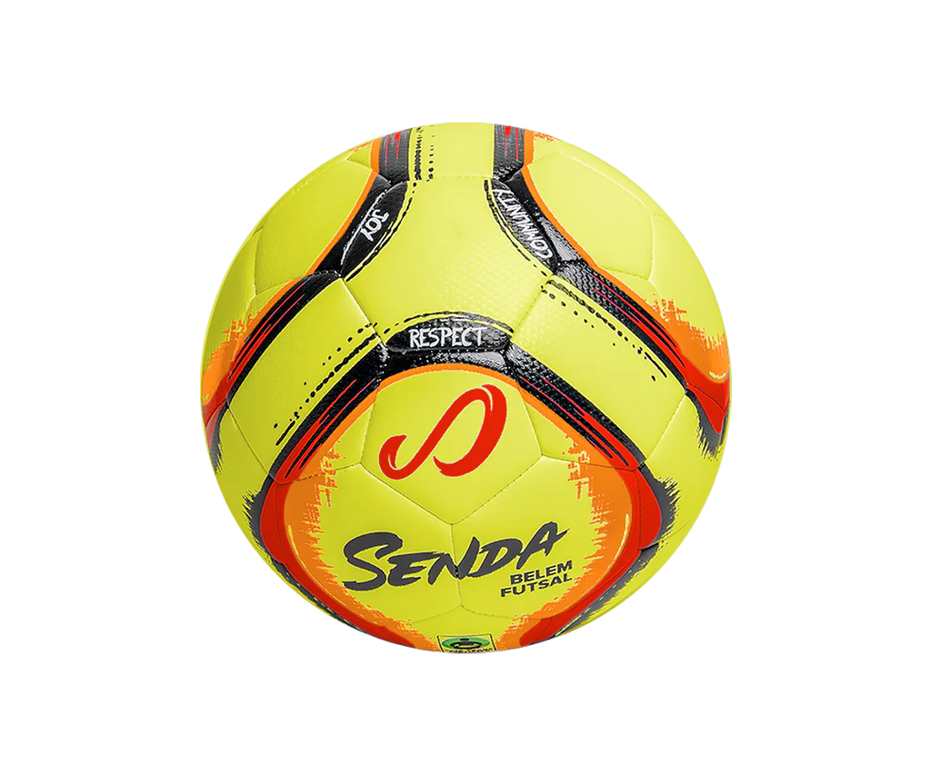 Angled view of Yellow Belem Training Futsal Ball by Senda – Machine-stitched futsal ball with low-bounce control, durable textured cover, and highlighted branding for indoor performance.

