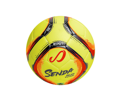 Angled view of Yellow Belem Training Futsal Ball by Senda – Machine-stitched futsal ball with low-bounce control, durable textured cover, and highlighted branding for indoor performance.

