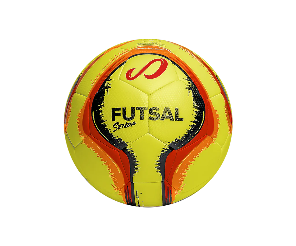 Back view of Yellow Belem Training Futsal Ball by Senda – Indoor futsal ball with bold "Futsal" print, low-bounce design, and textured panels for enhanced control and durability.

