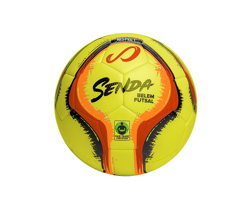 Yellow Belem Training Futsal Ball by Senda – Fair Trade Certified indoor futsal ball with low-bounce performance, machine-stitched panels, and a textured soft-touch surface designed for hard courts.

