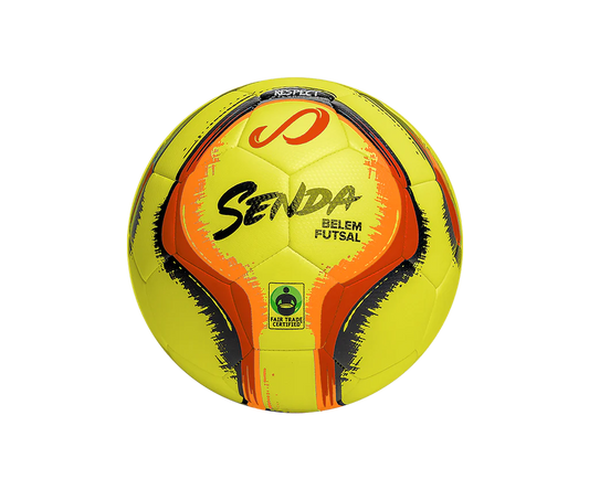 Yellow Belem Training Futsal Ball by Senda – Fair Trade Certified indoor futsal ball with low-bounce performance, machine-stitched panels, and a textured soft-touch surface designed for hard courts.

