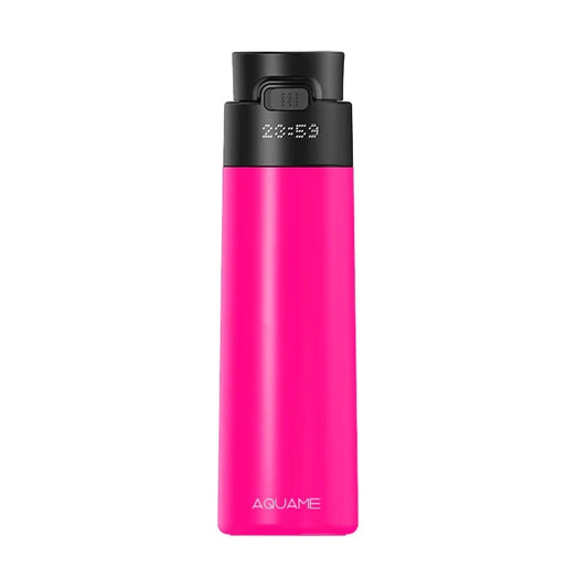 Front view of AQUAME 2.0 Smart Water Bottle in Neo Pink with LED display and sleek matte finish.

