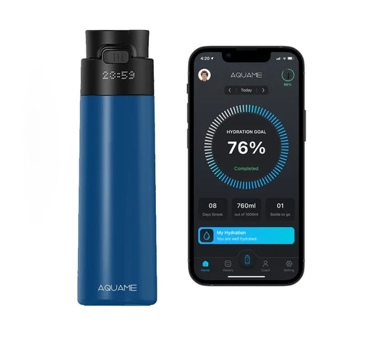 AQUAME 2.0 Smart Water Bottle in Cobalt Blue shown beside mobile hydration tracking app with LED display and data sync.

