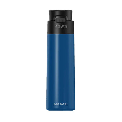 Front view of AQUAME 2.0 Smart Water Bottle in cobalt blue with LED display cap and minimalist design.

