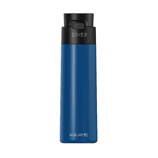Front view of AQUAME 2.0 Smart Water Bottle in cobalt blue with LED display cap and minimalist design.

