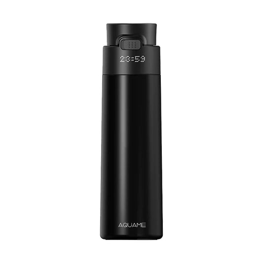 Front view of the AQUAME 2.0 Smart Water Bottle in Jet Black with LED display and sleek matte finish.

