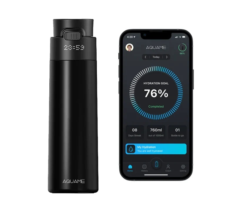 AQUAME 2.0 Smart Water Bottle in Jet Black shown next to hydration tracking app displaying 76% hydration goal completion.

