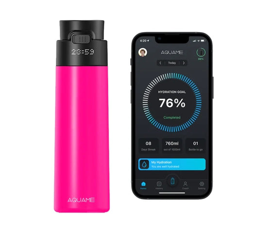 AQUAME 2.0 Smart Water Bottle in Neo Pink shown alongside smartphone app, displaying hydration tracking and goal progress interface.

