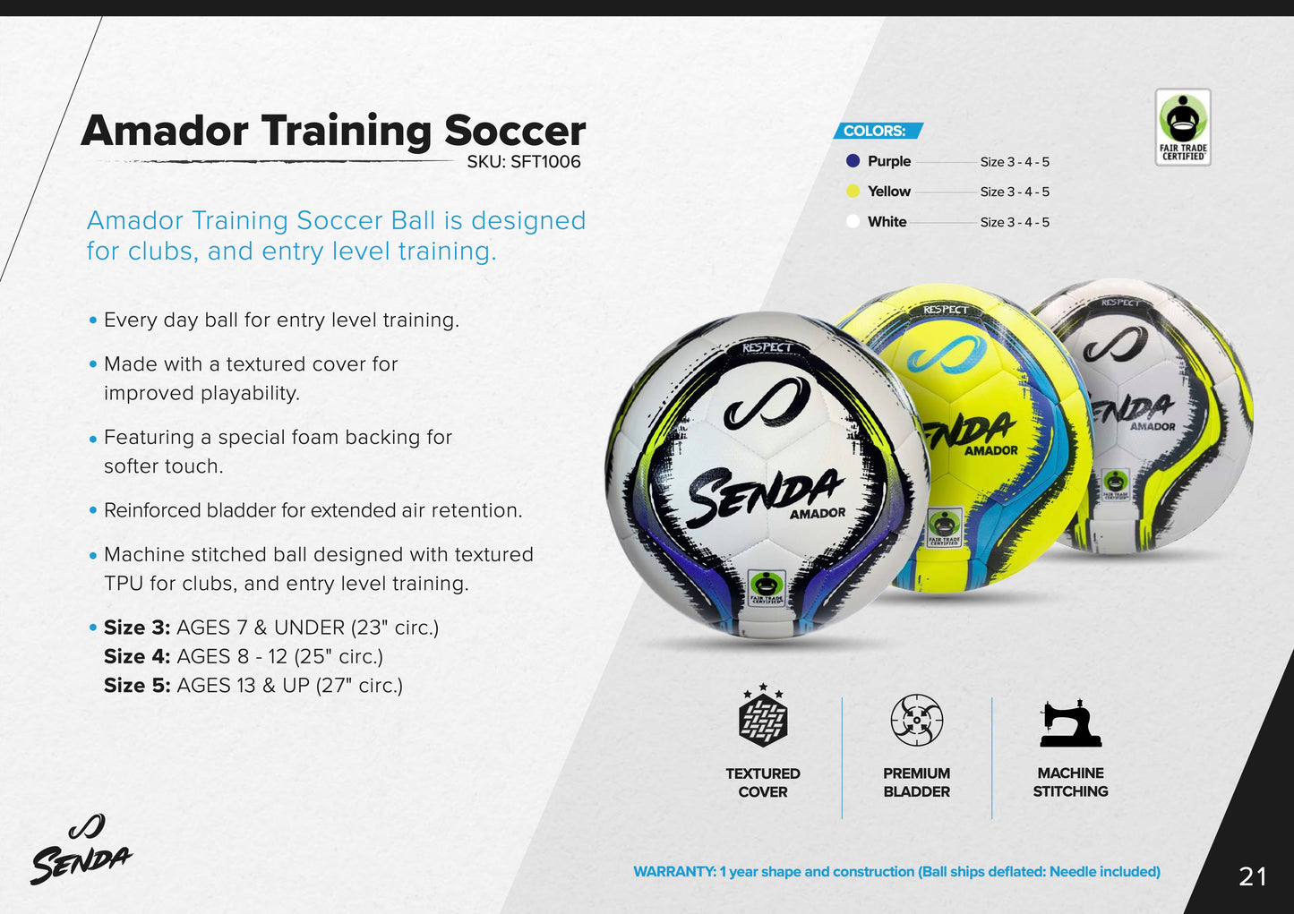 Side angle view of Senda Amador Training Soccer Balls in white, yellow, and purple variants, highlighting color variety and textured design.








