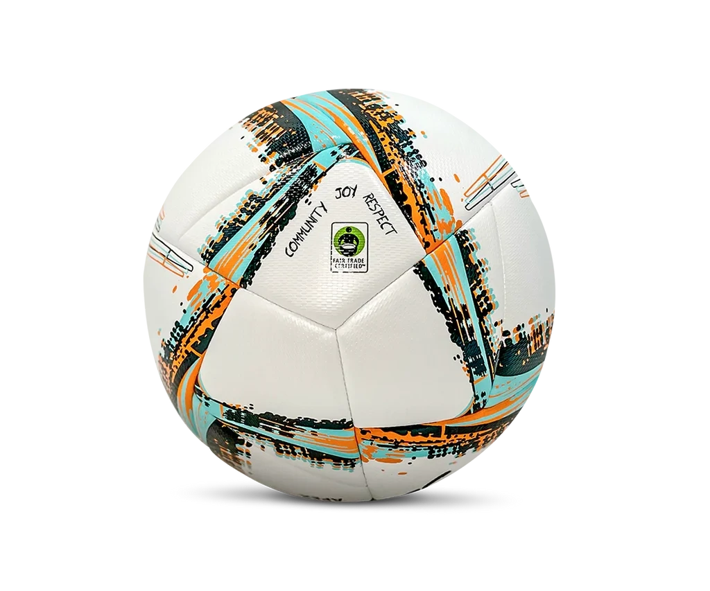 Back-angle view of Senda Apex Match Soccer Ball featuring Fair Trade Certified label and vibrant orange, teal, and black brushstroke design.








