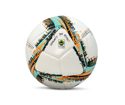 Back-angle view of Senda Apex Match Soccer Ball featuring Fair Trade Certified label and vibrant orange, teal, and black brushstroke design.








