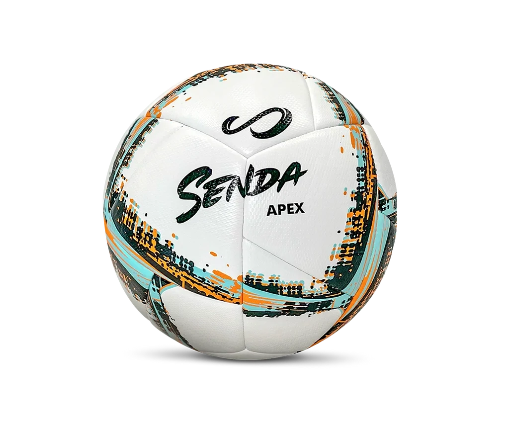 Front-angle view of Senda Apex Match Soccer Ball featuring white panels with dynamic orange, teal, and black brushstroke design and bold Senda logo.

