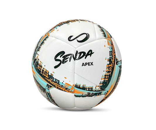 Front-angle view of Senda Apex Match Soccer Ball featuring white panels with dynamic orange, teal, and black brushstroke design and bold Senda logo.

