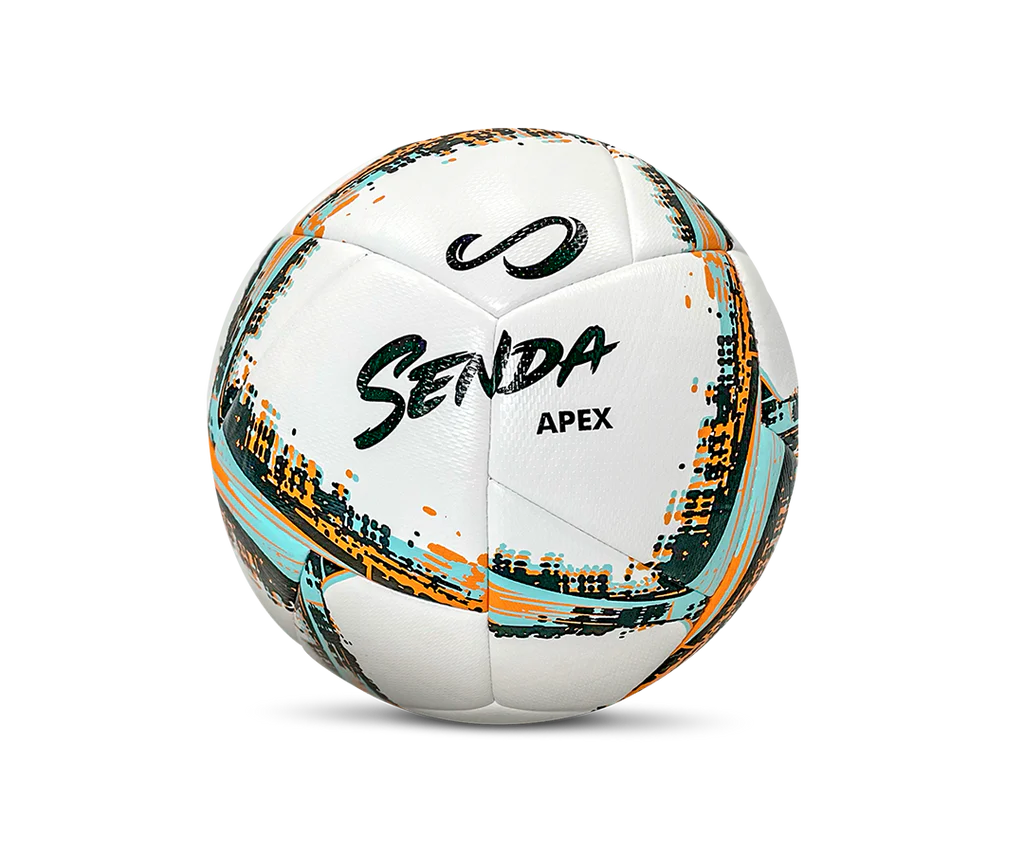 Front-center view of Senda Apex Match Soccer Ball showcasing vibrant brushstroke design in orange, teal, and black with bold Senda branding.

