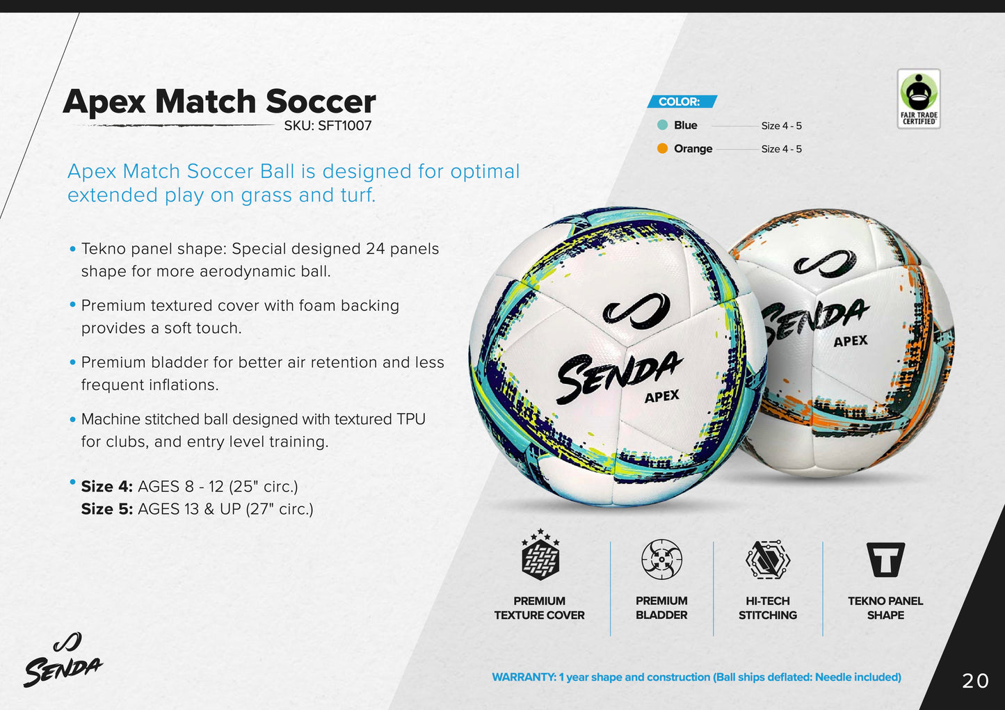 Infographic of Senda Apex Match Soccer Ball showing two color variants, key features like Tekno panel shape, premium cover, and available sizes for training and matches.







