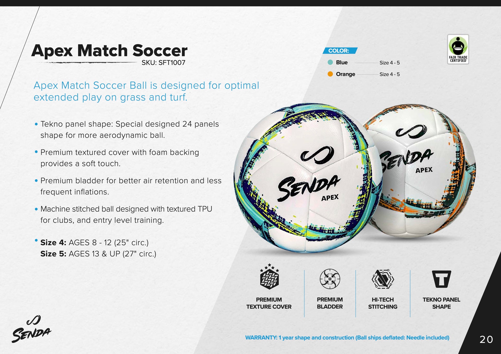 Infographic of Senda Apex Match Soccer Ball showing two color variants, key features like Tekno panel shape, premium cover, and available sizes for training and matches.







