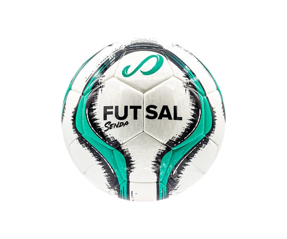 Front view of the Senda Bahia Professional Futsal Ball showing bold Senda branding, green-accented panel design, and Fair Trade certification.

