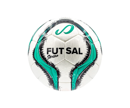 Front view of the Senda Bahia Professional Futsal Ball showing bold Senda branding, green-accented panel design, and Fair Trade certification.


