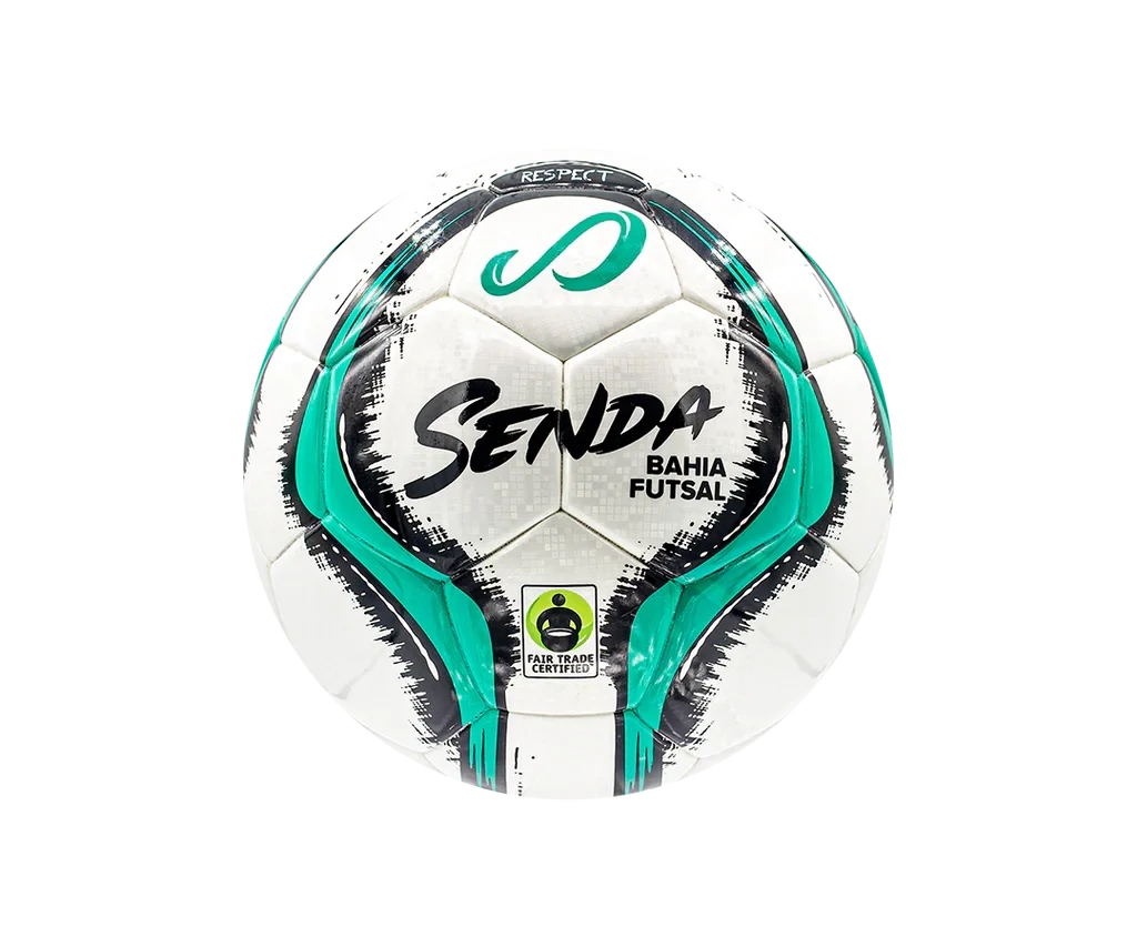 Close-up of the Senda Bahia Futsal Ball featuring “FUTSAL” text with teal and black graphics and premium match ball surface texture.

