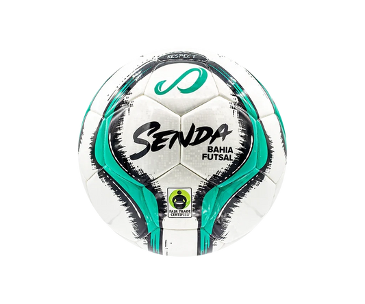 Close-up of the Senda Bahia Futsal Ball featuring “FUTSAL” text with teal and black graphics and premium match ball surface texture.

