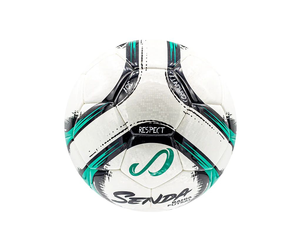 Detail shot of the Senda Bahia Futsal Ball highlighting "Respect," "Community," and "Joy" text on the panel seams, with emerald green and black accents.

