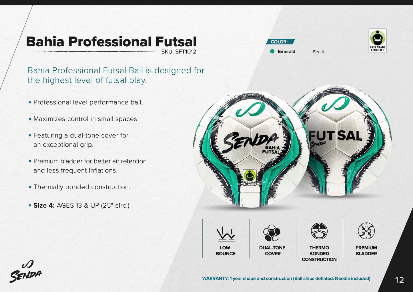 Bahia Professional Futsal Ball infographic showing dual-tone design, low bounce, thermo bonded construction, and premium bladder features.

