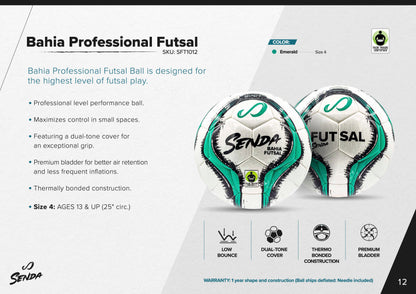 Bahia Professional Futsal Ball infographic showing dual-tone design, low bounce, thermo bonded construction, and premium bladder features.

