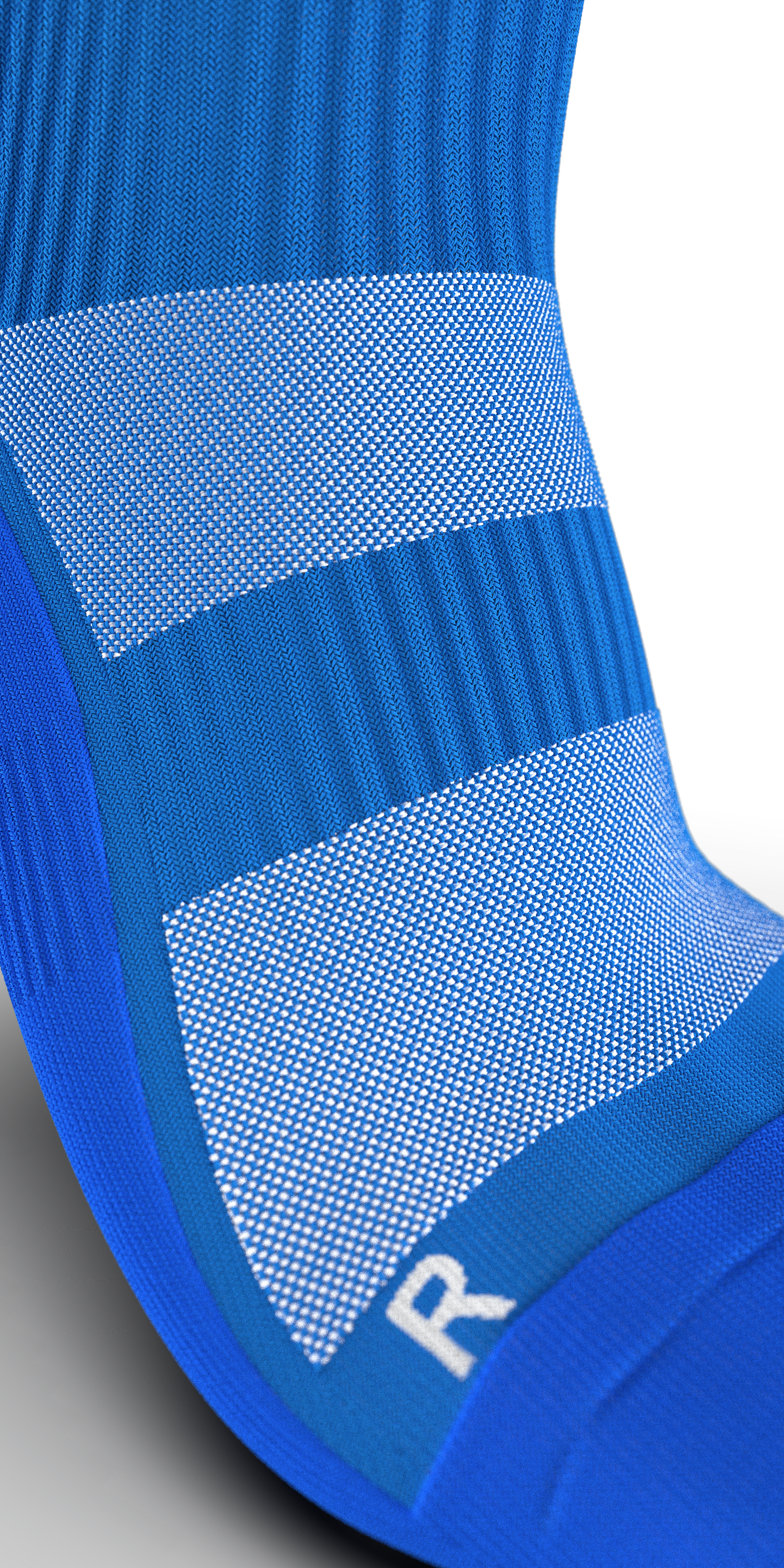 Detailed view of Gravity Pro blue sock with mesh panels and ribbed zones for optimal fit and compression.

