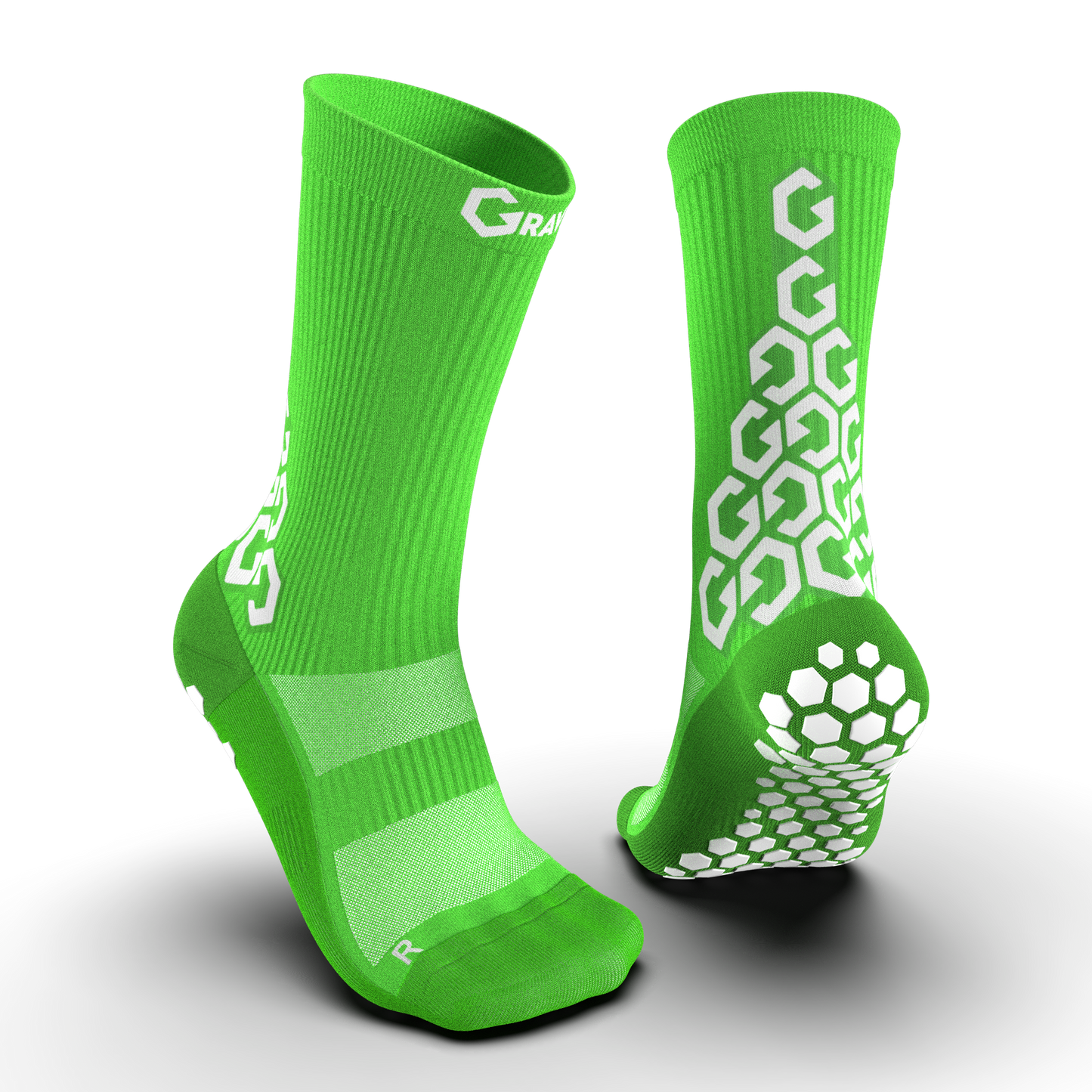 Bright green Senda Gravity Pro Crew Length Socks featuring hexagonal grip traction and white Gravity logo on both front and back view.

