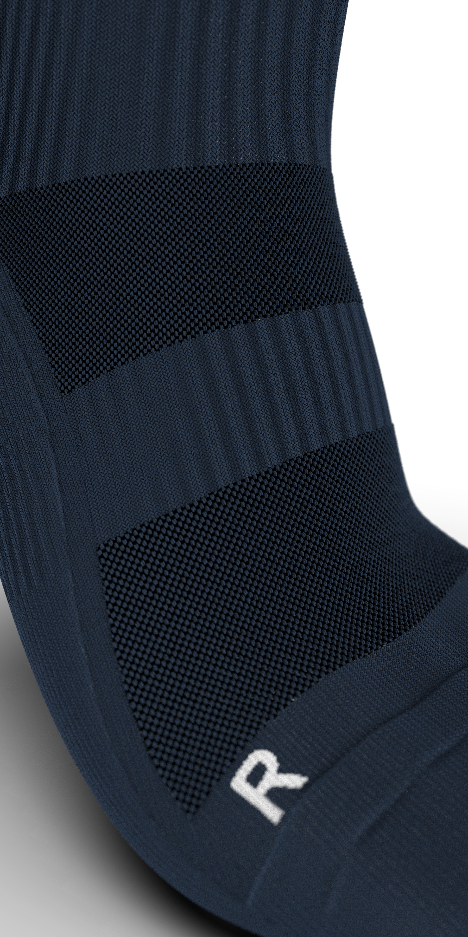 Detailed view of navy blue Gravity Pro Crew Sock highlighting firm compression band and breathable mesh fabric.

