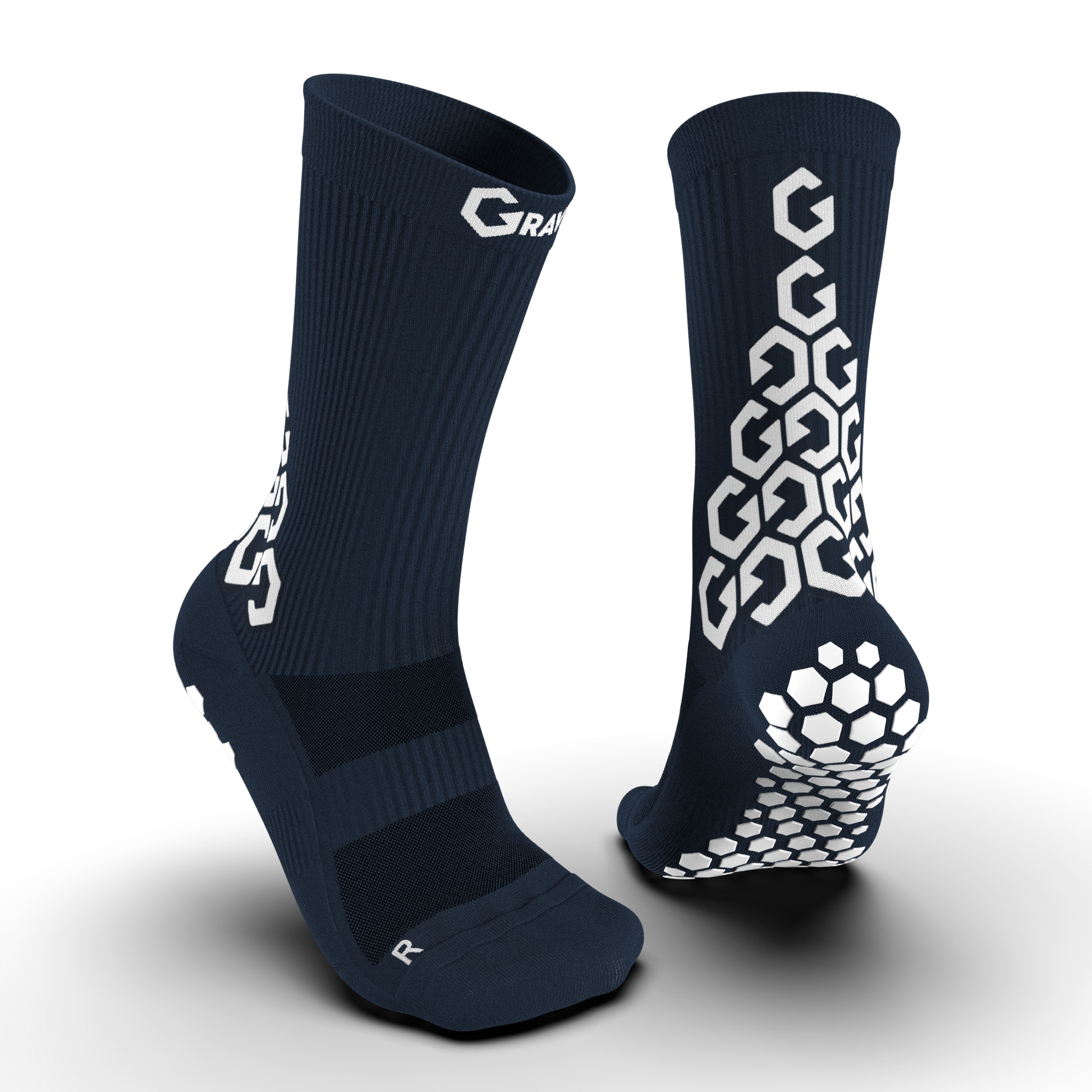 Navy blue Senda Gravity Pro Crew Length Grip Socks showing front and back with hex grip sole and white Gravity branding.

