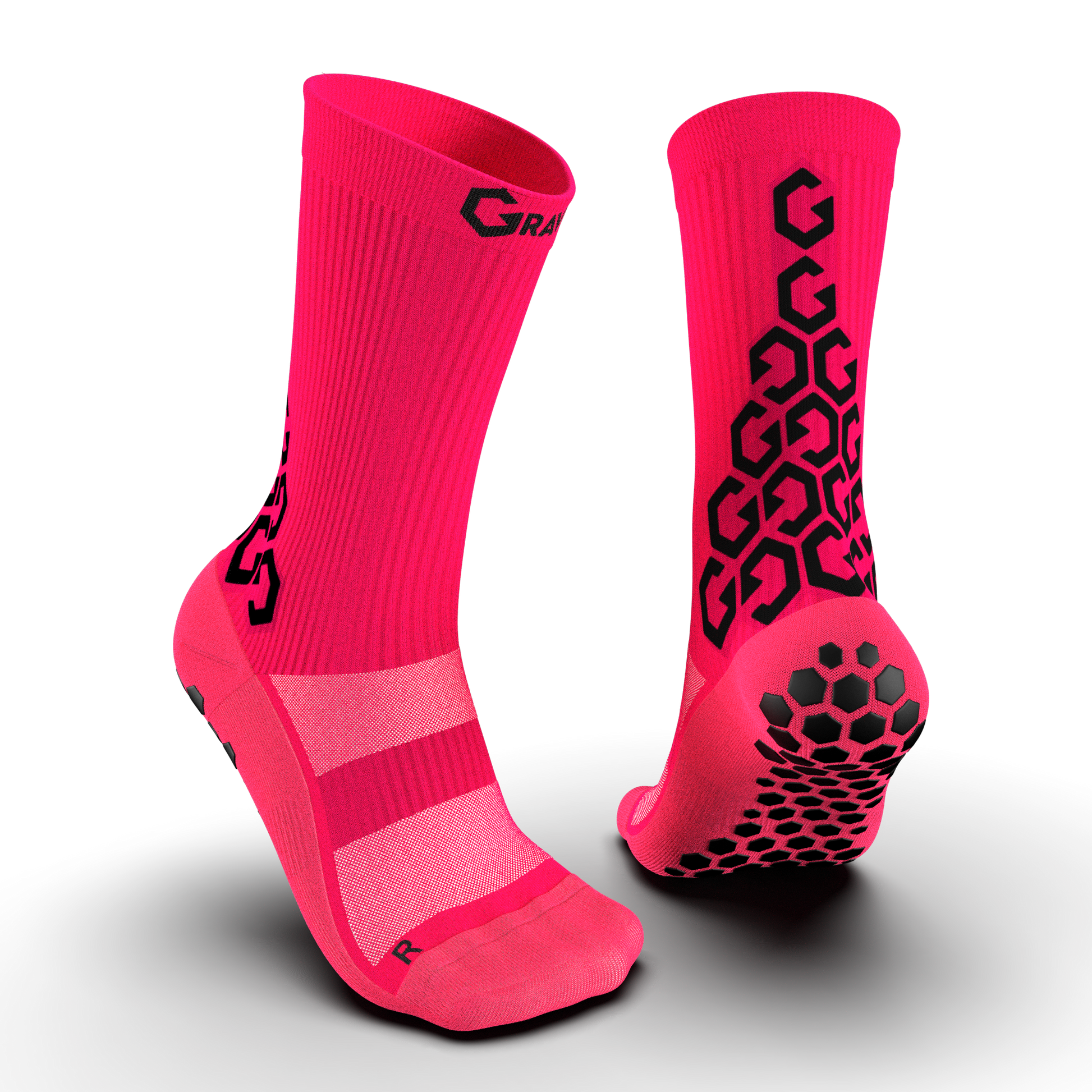 Hot pink Senda Gravity Pro Crew Grip Socks with black traction hex pads and bold Gravity branding, shown front and back.

