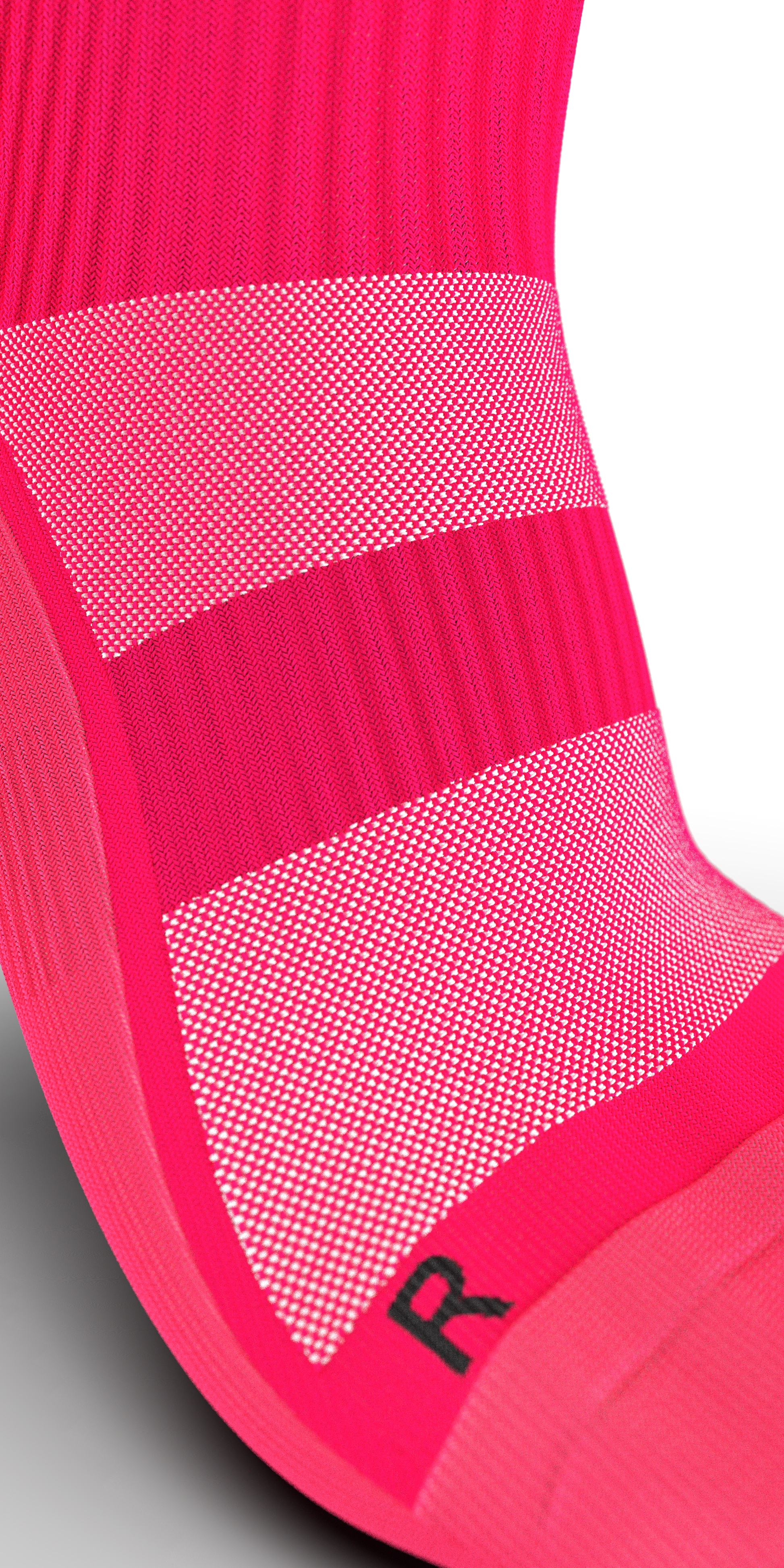 Detailed view of pink Gravity Pro Crew Sock highlighting the supportive band and moisture-wicking knit pattern.

