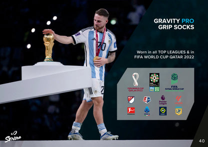 Promotional image showcasing Gravity Pro Grip Socks worn by Argentina’s star player during FIFA World Cup Qatar 2022, endorsed across top global leagues.


