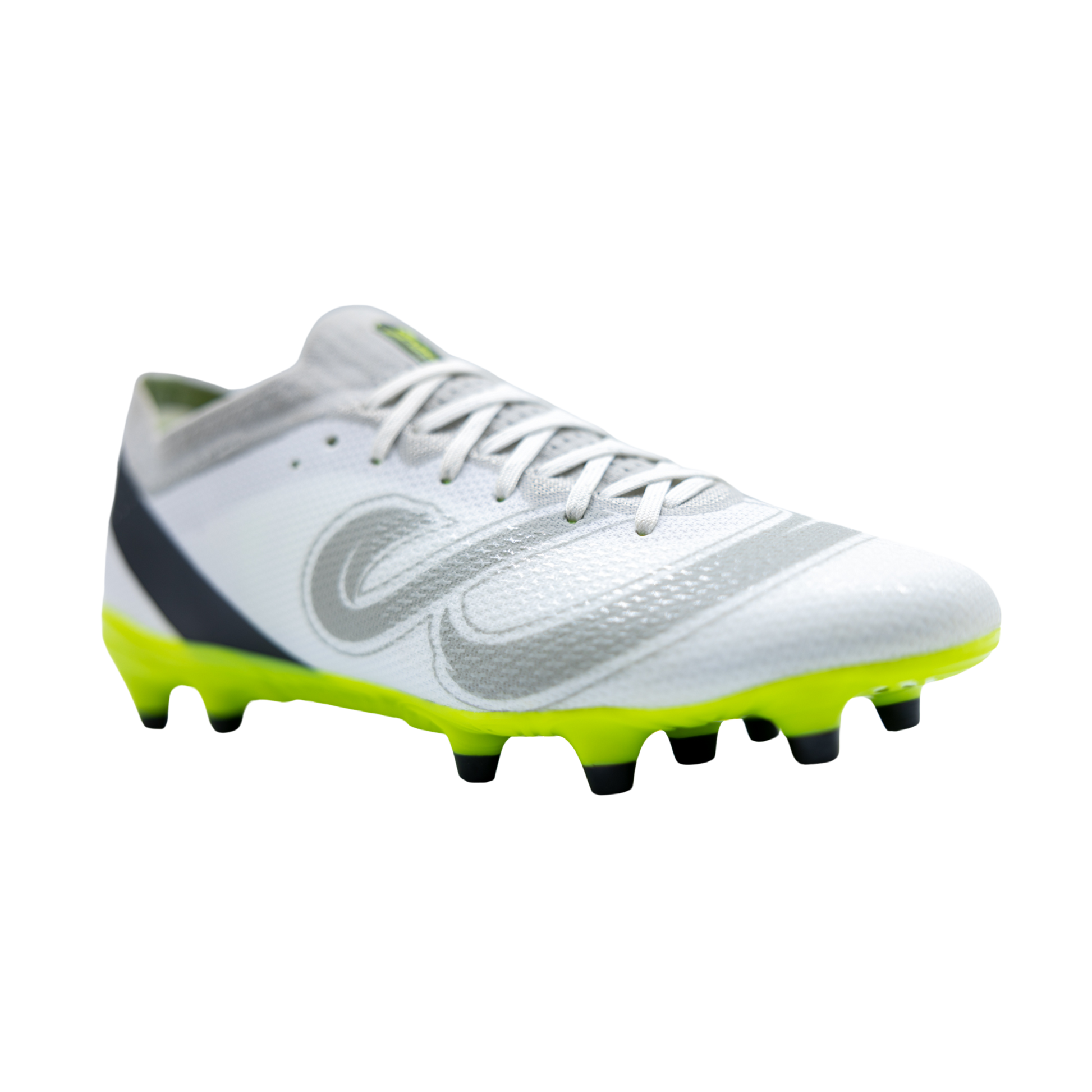 Close-up of Senda Pampa Pro Soccer Cleats showcasing front side angle with aerodynamic white upper and neon green studded sole.

