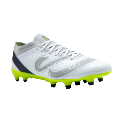 Close-up of Senda Pampa Pro Soccer Cleats showcasing front side angle with aerodynamic white upper and neon green studded sole.

